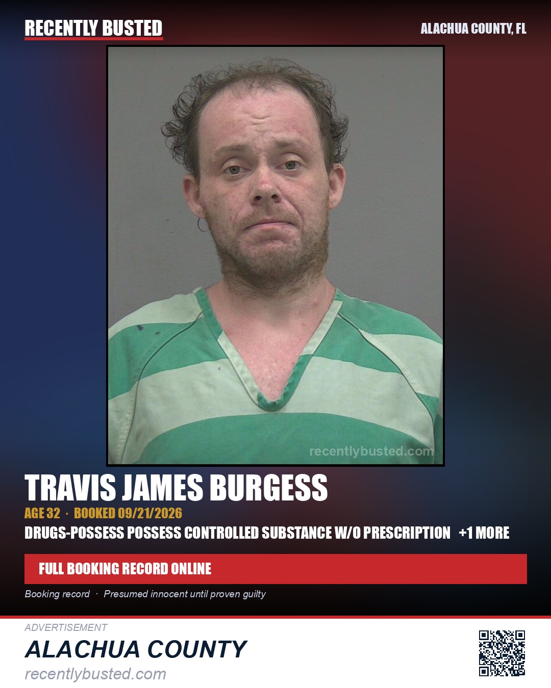 Travis James Burgess — arrest record card, Alachua County, Florida