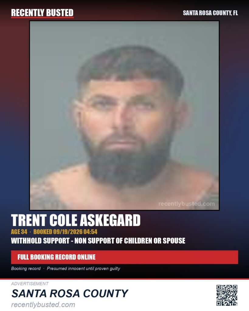 Trent Cole Askegard — arrest record card, Santa Rosa County, Florida