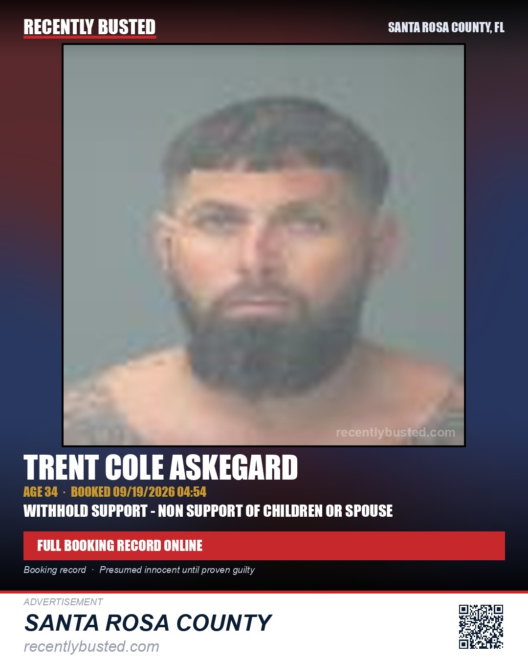 Trent Cole Askegard — arrest record card, Santa Rosa County, Florida