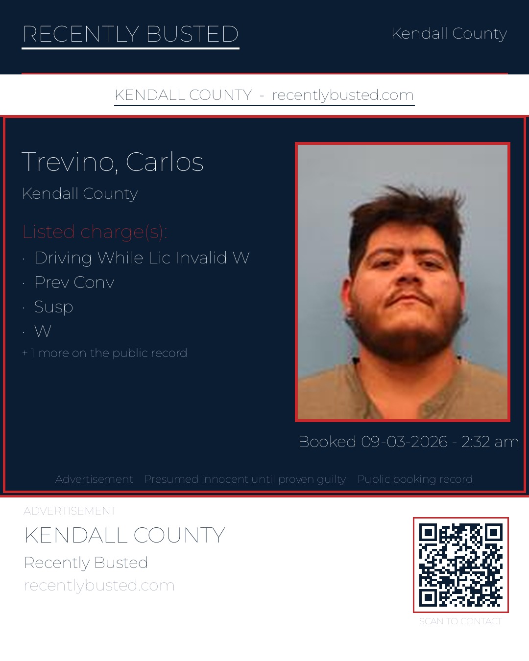 Trevino, Carlos — arrest record card, Kendall County, Texas