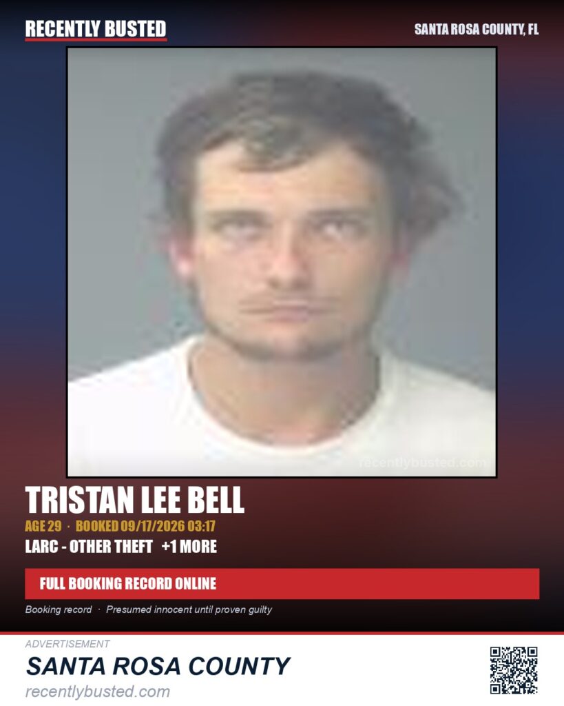 Tristan Lee Bell — arrest record card, Santa Rosa County, Florida