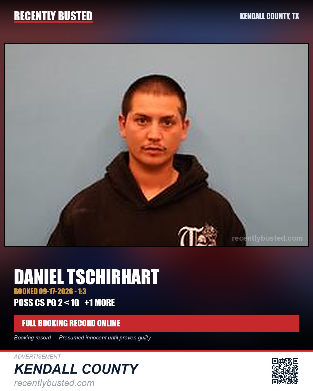 Tschirhart, Daniel — arrest record card, Kendall County, Texas