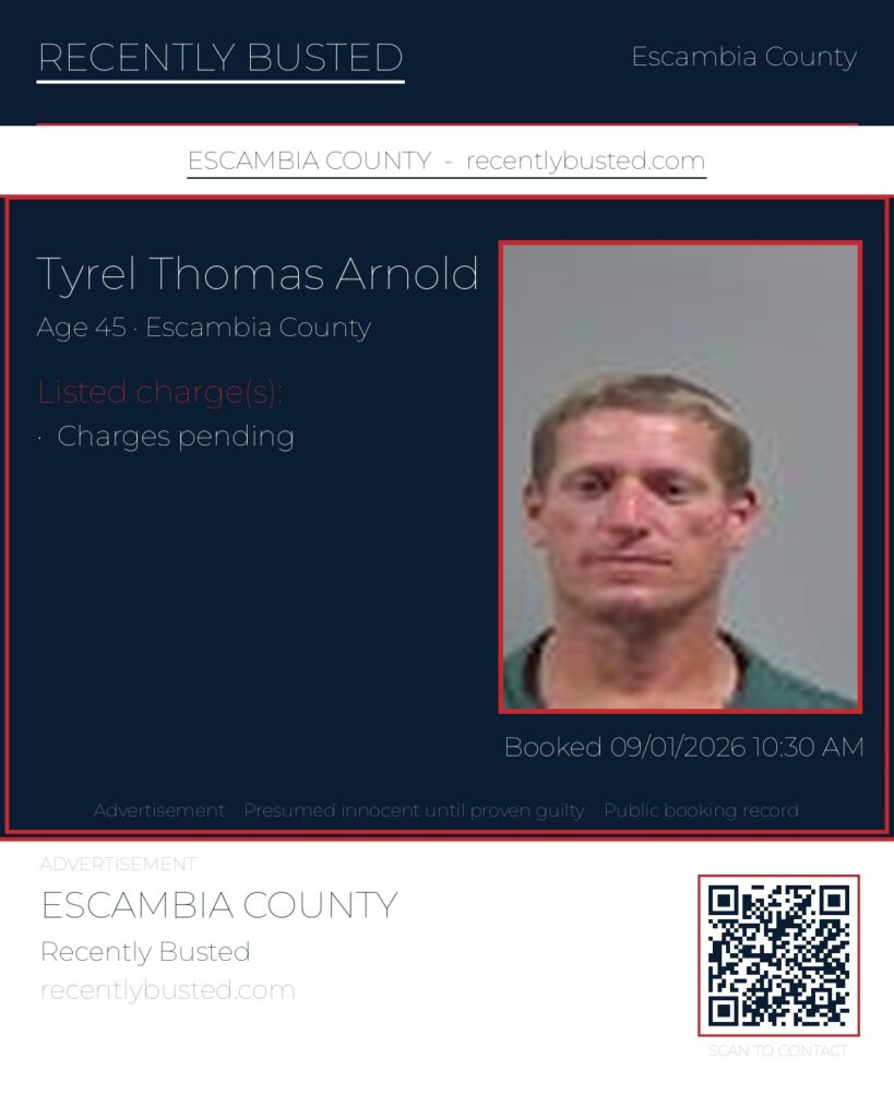 Tyrel Thomas Arnold — arrest record card, Escambia County, Florida