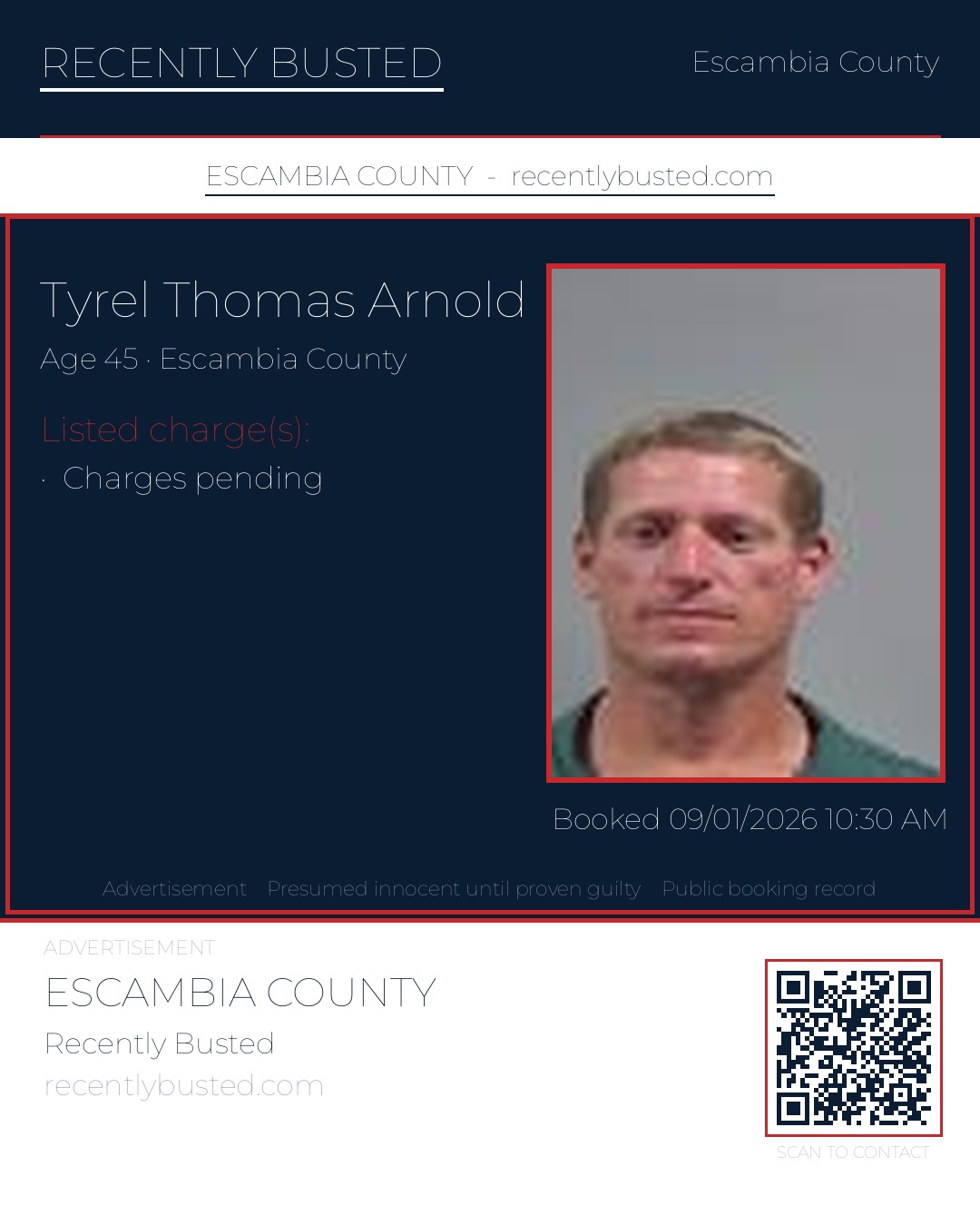 Tyrel Thomas Arnold — arrest record card, Escambia County, Florida