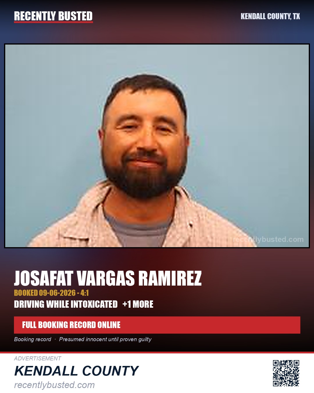 Vargas Ramirez, Josafat — arrest record card, Kendall County, Texas