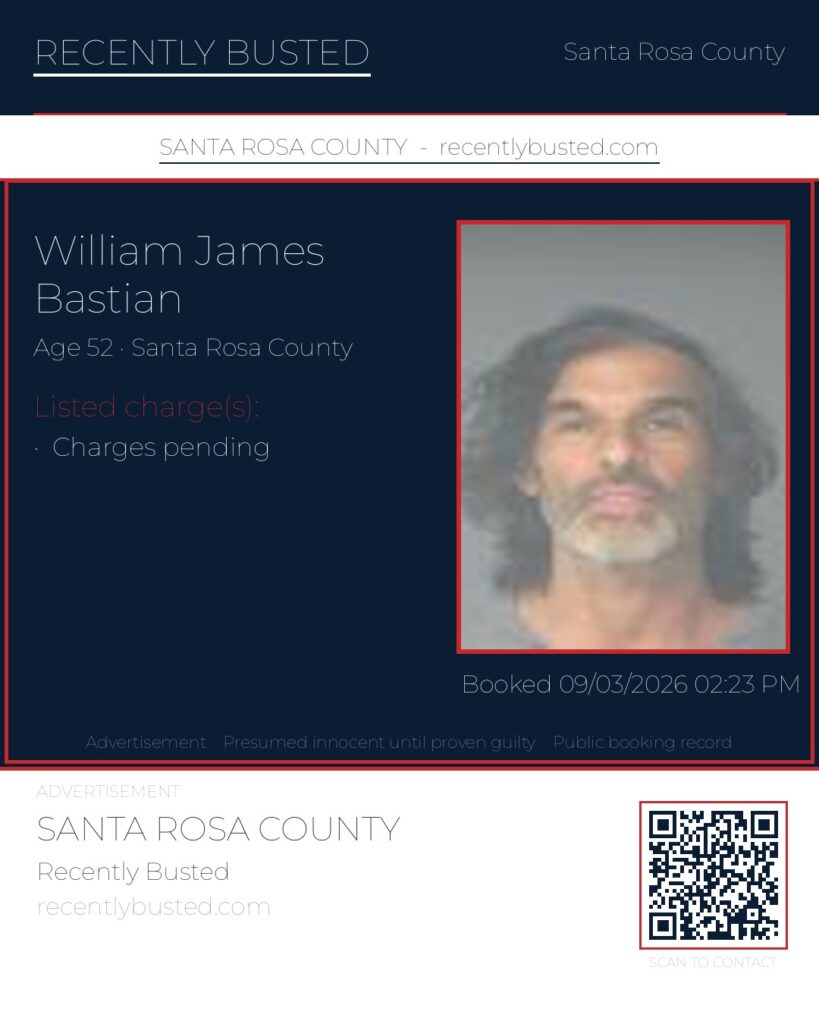 William James Bastian — arrest record card, Santa Rosa County, Florida