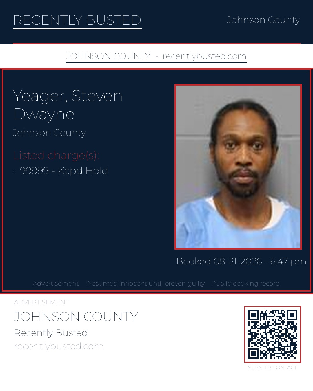 YEAGER, STEVEN DWAYNE — arrest record card, Johnson County, Missouri
