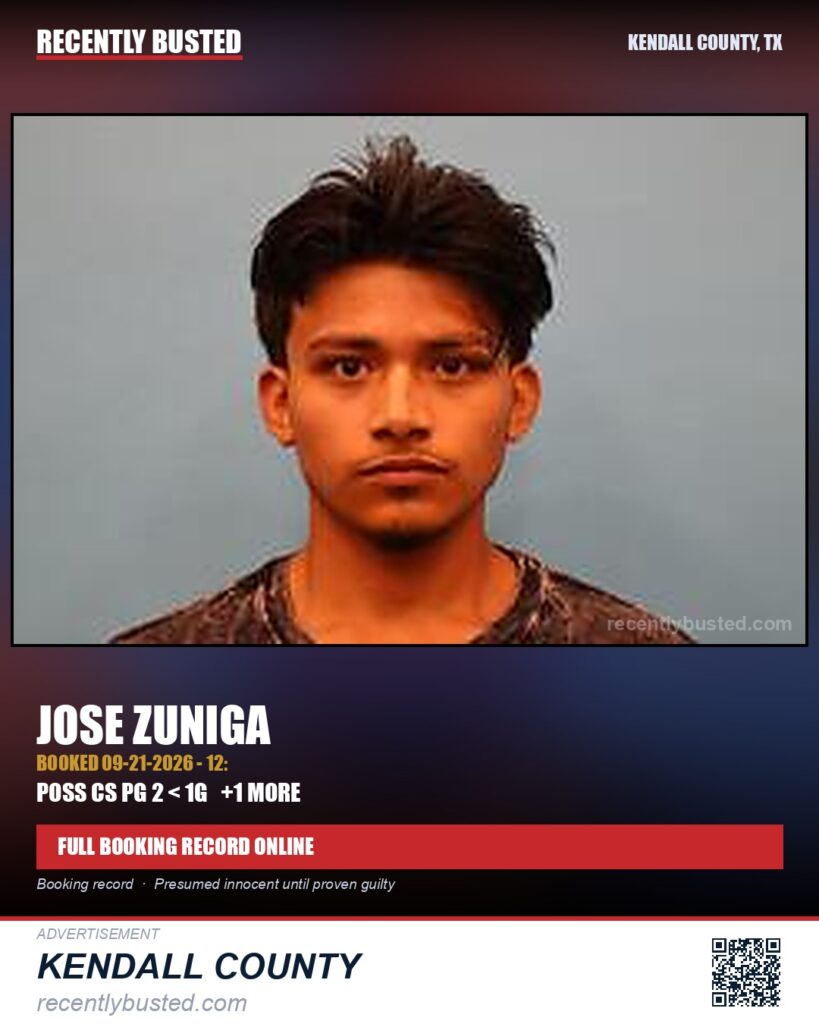 Zuniga, Jose — arrest record card, Kendall County, Texas