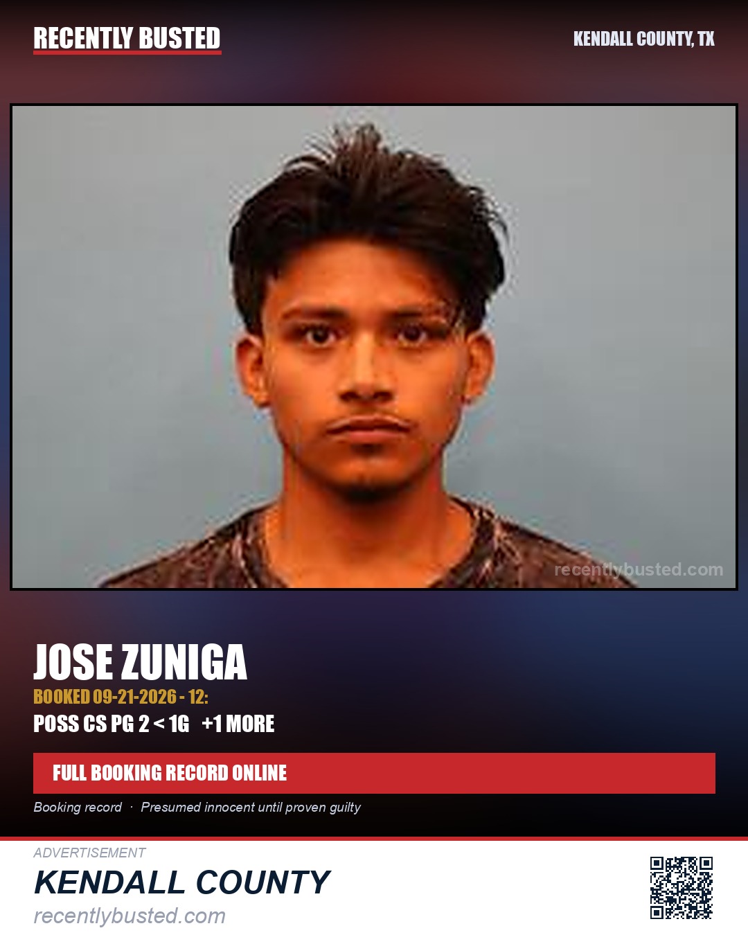 Zuniga, Jose — arrest record card, Kendall County, Texas