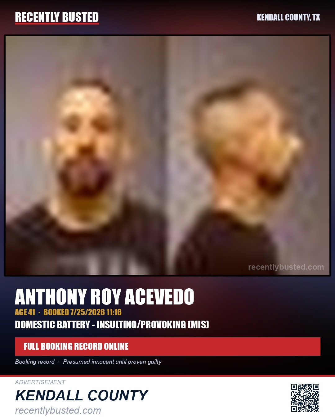 ACEVEDO, ANTHONY ROY โ arrest record card, Kendall County, Illinois