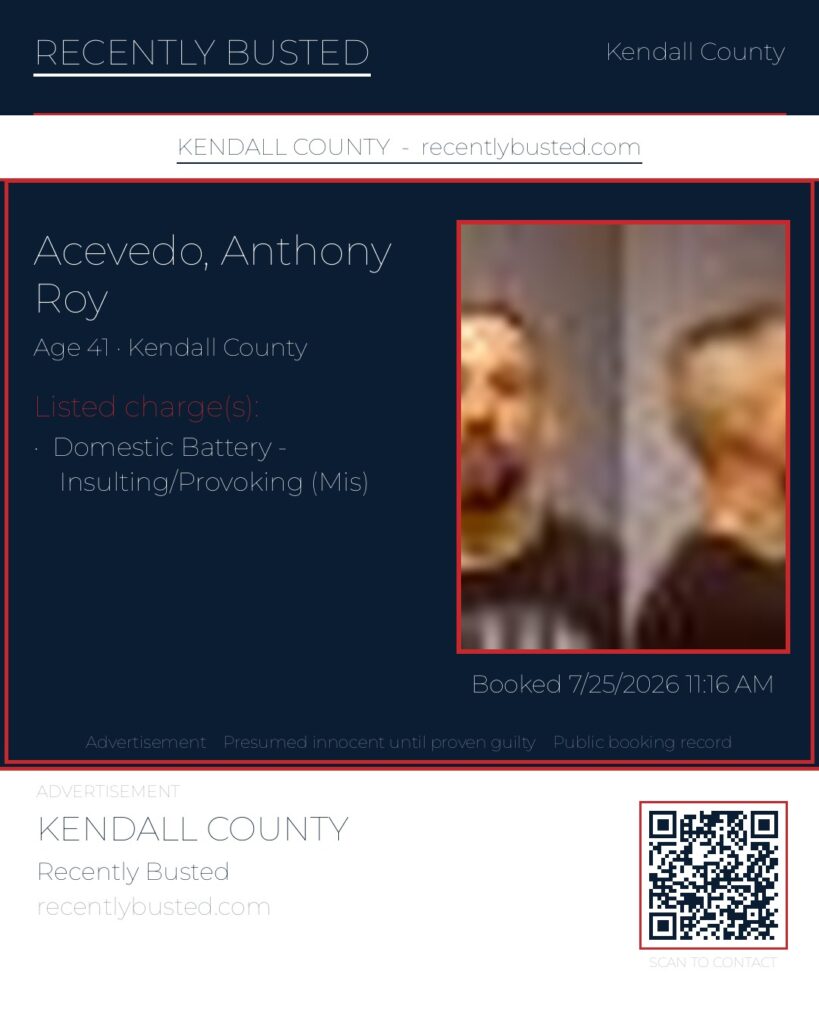 ACEVEDO, ANTHONY ROY — arrest record card, Kendall County, Illinois