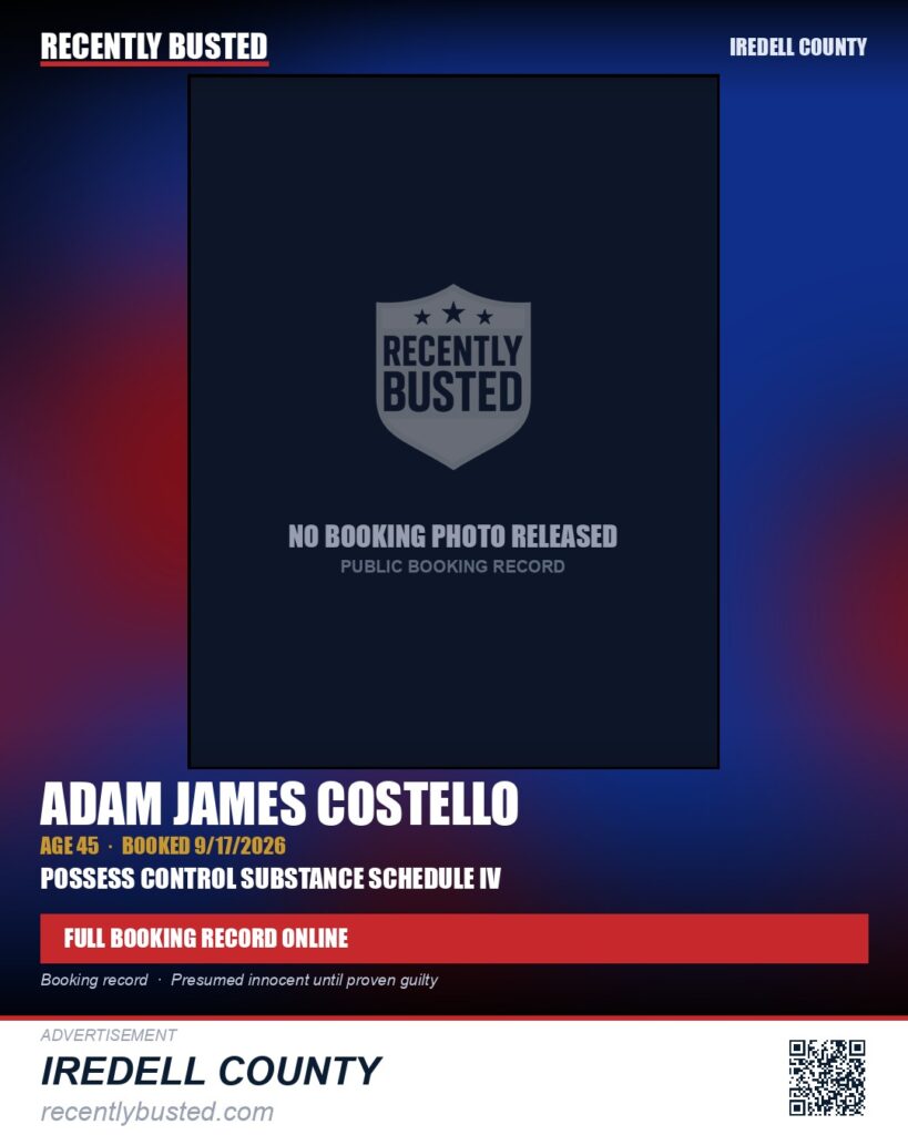 ADAM JAMES COSTELLO — arrest record card, Iredell County