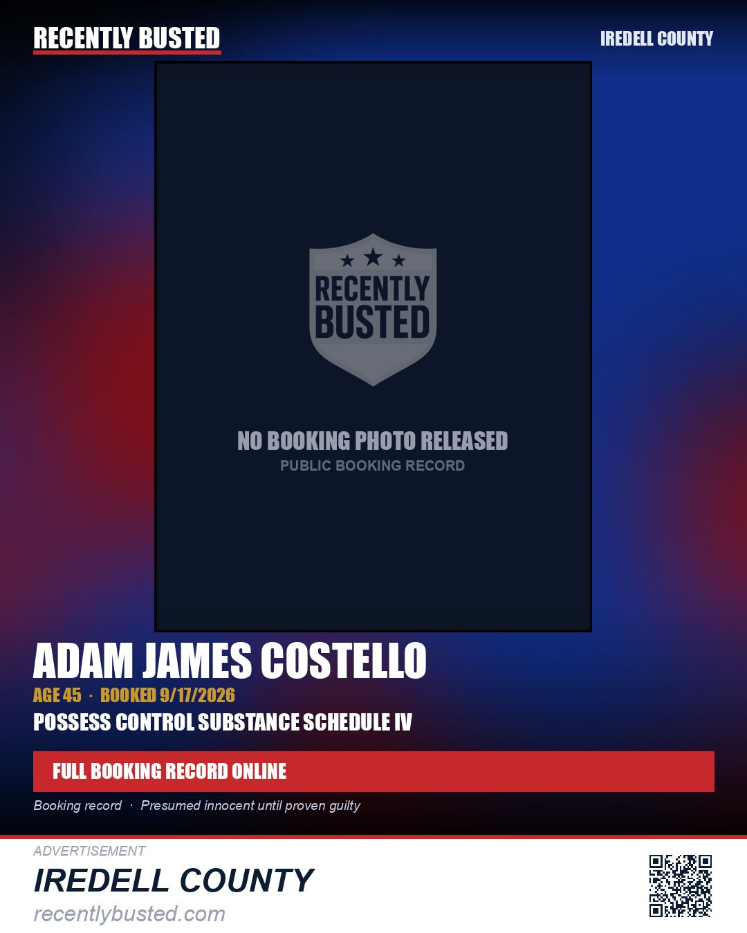 ADAM JAMES COSTELLO — arrest record card, Iredell County