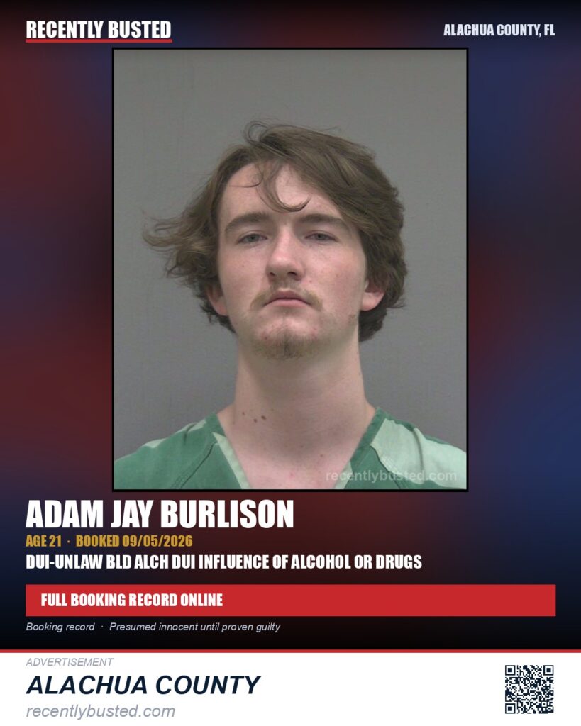Adam Jay Burlison — arrest record card, Alachua County, Florida