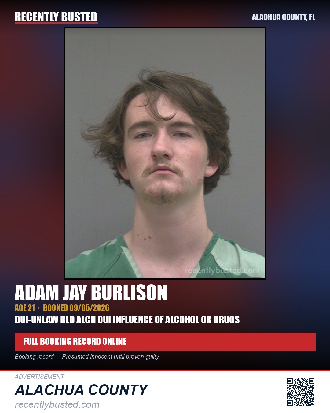 Adam Jay Burlison — arrest record card, Alachua County, Florida