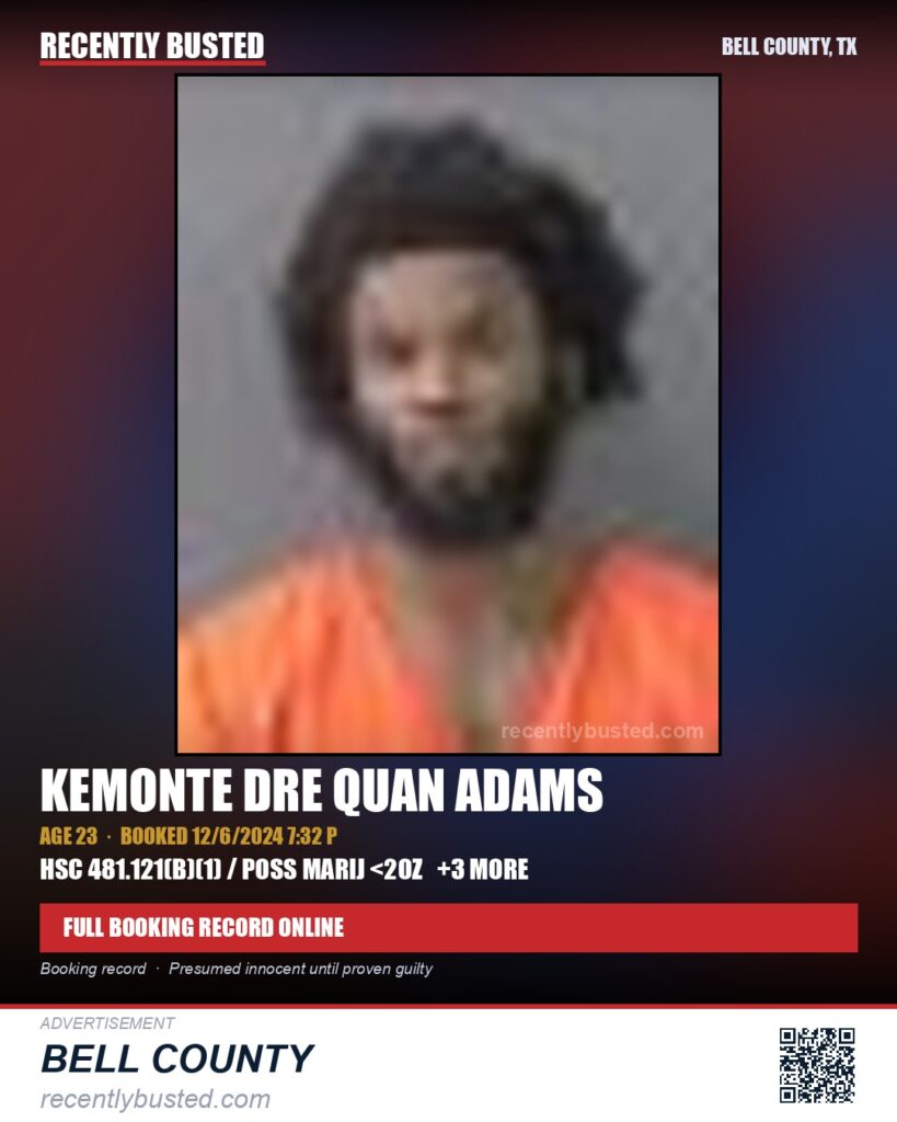 ADAMS, KEMONTE DRE QUAN — arrest record card, Bell County, Texas
