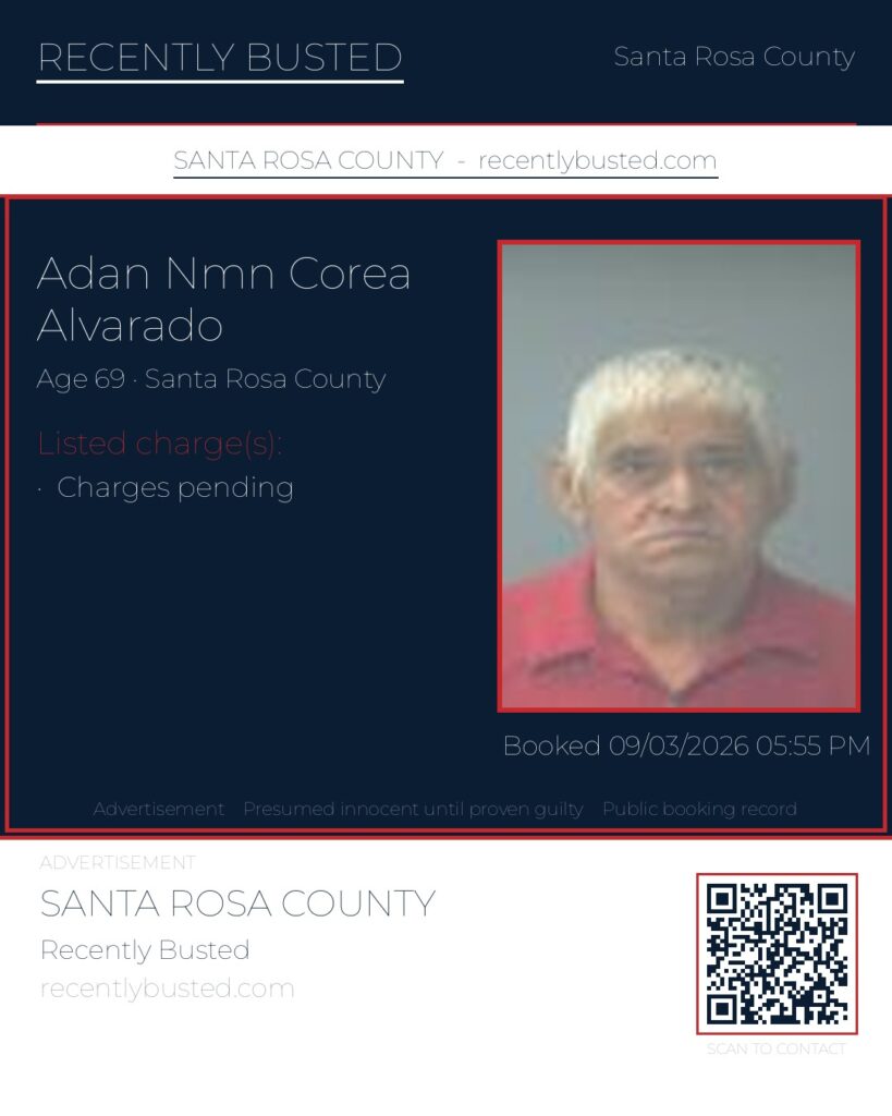 Adan Nmn Corea Alvarado — arrest record card, Santa Rosa County, Florida
