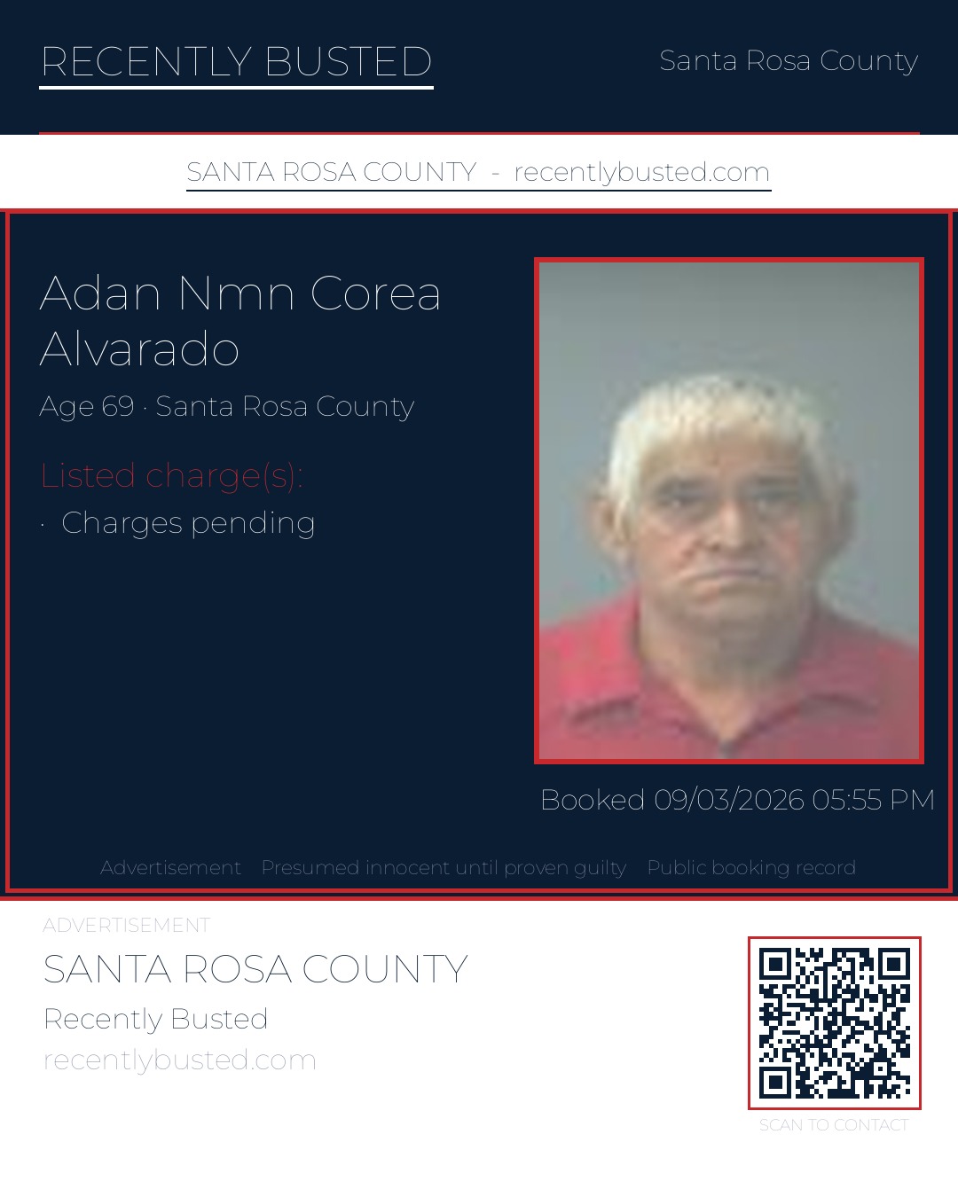 Adan Nmn Corea Alvarado — arrest record card, Santa Rosa County, Florida