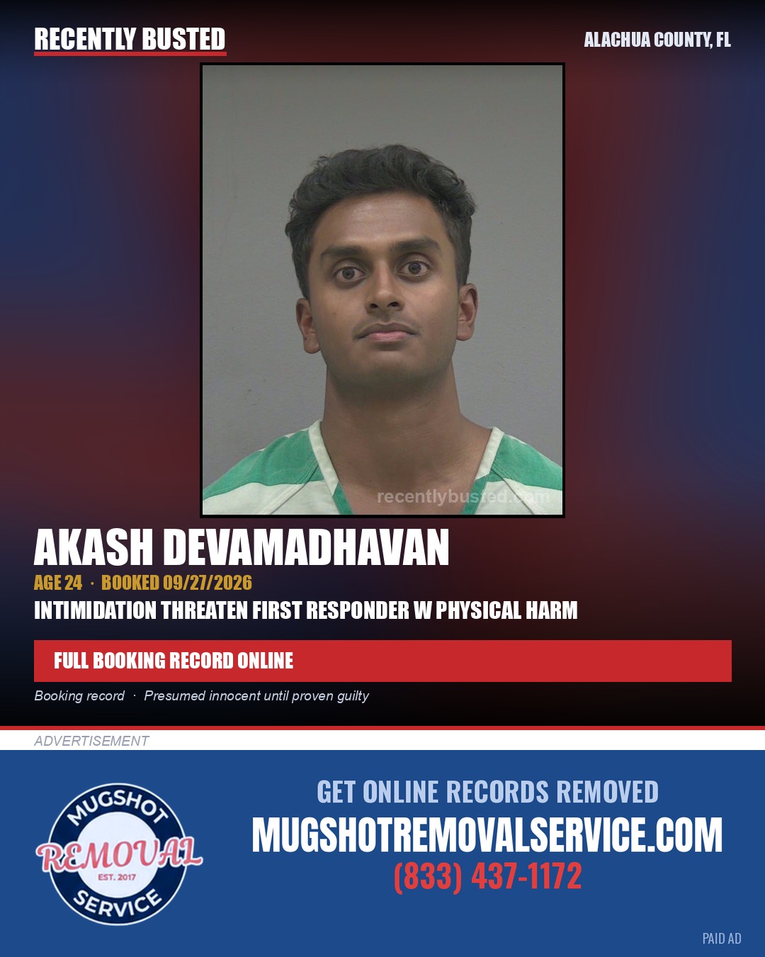Akash Devamadhavan — arrest record card, Alachua County, Florida
