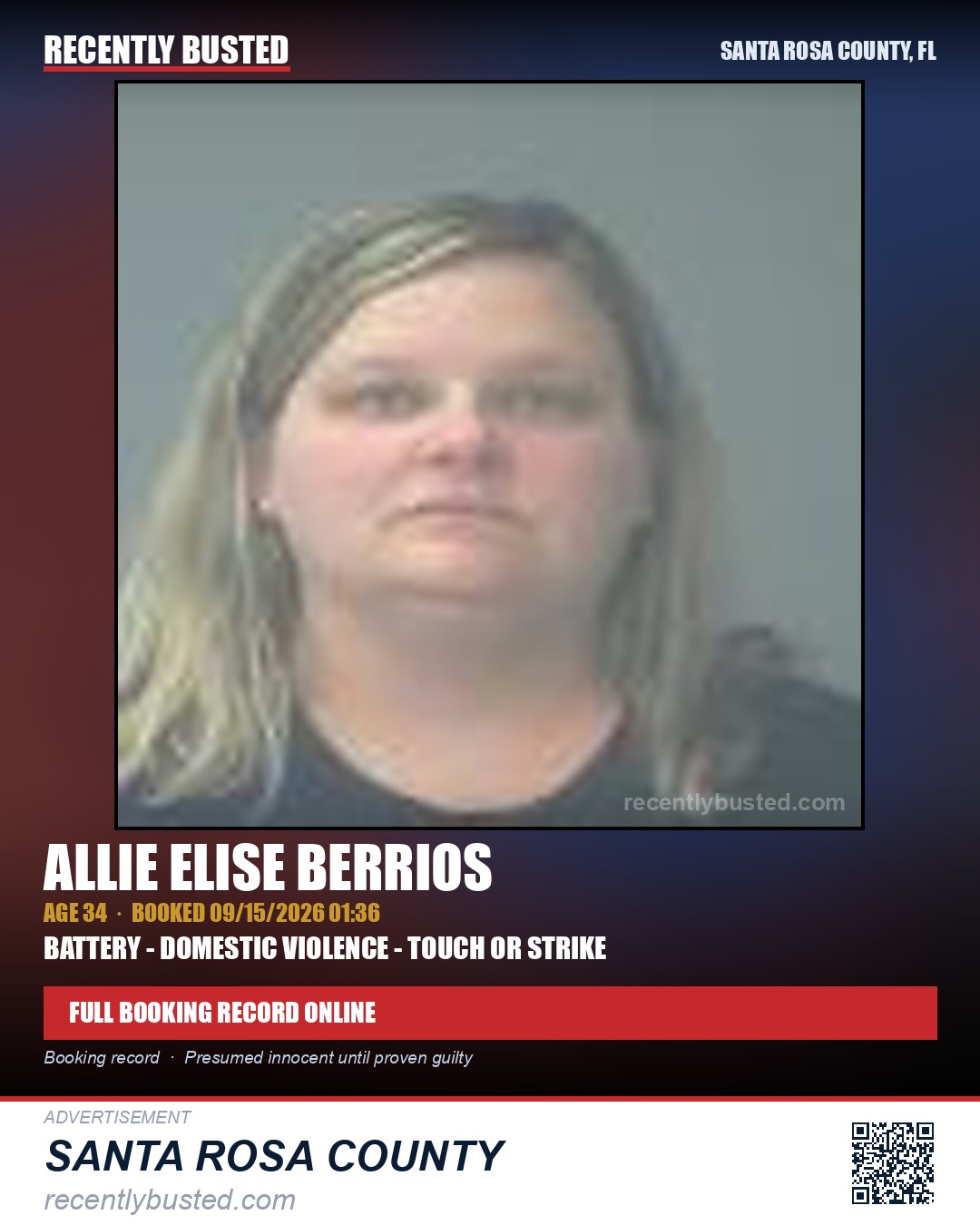 Allie Elise Berrios — arrest record card, Santa Rosa County, Florida