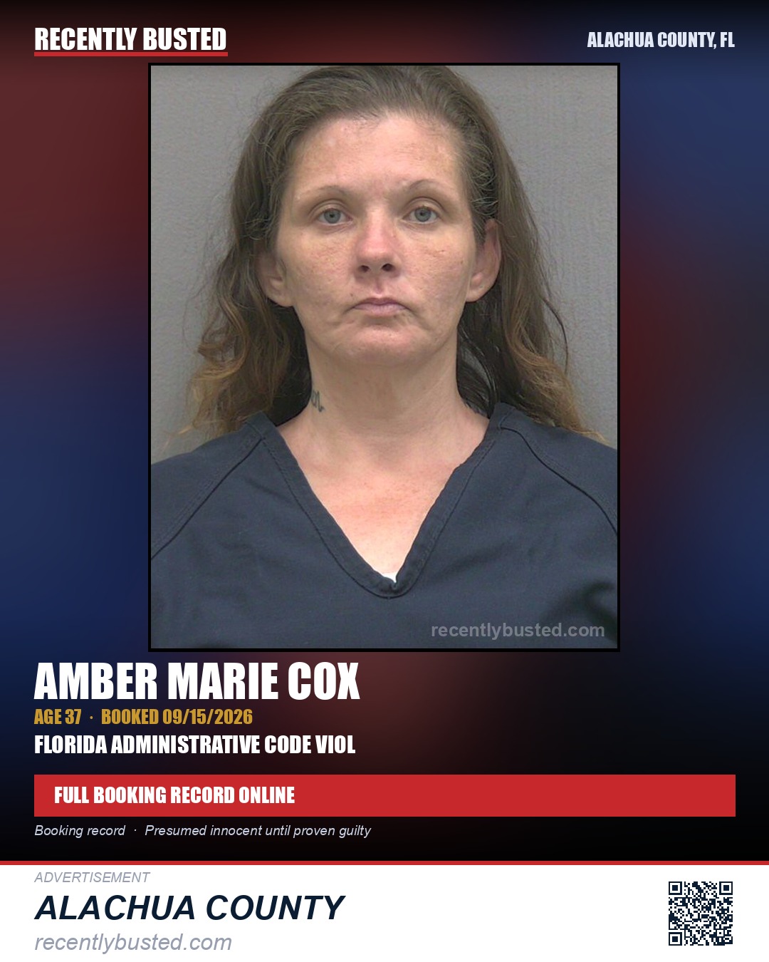 Amber Marie Cox — arrest record card, Alachua County, Florida