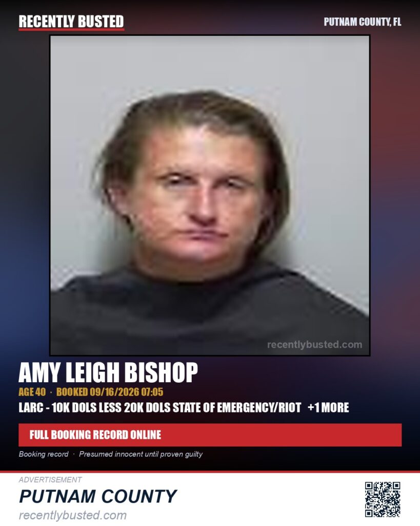 Amy Leigh Bishop — arrest record card, Putnam County, Florida