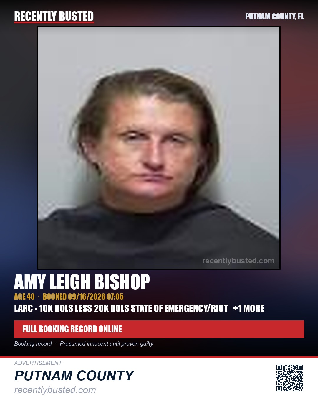 Amy Leigh Bishop — arrest record card, Putnam County, Florida