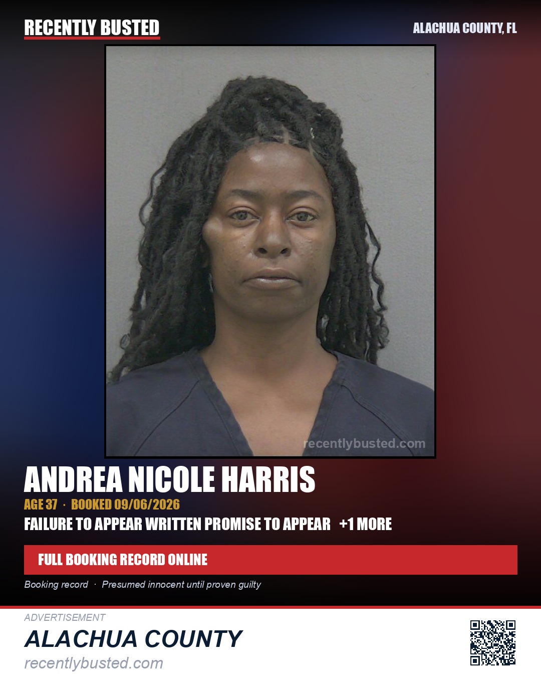 Andrea Nicole Harris — arrest record card, Alachua County, Florida