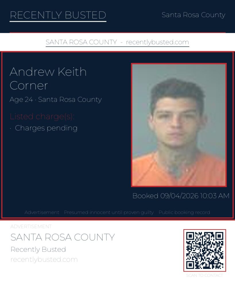 Andrew Keith Corner — arrest record card, Santa Rosa County, Florida