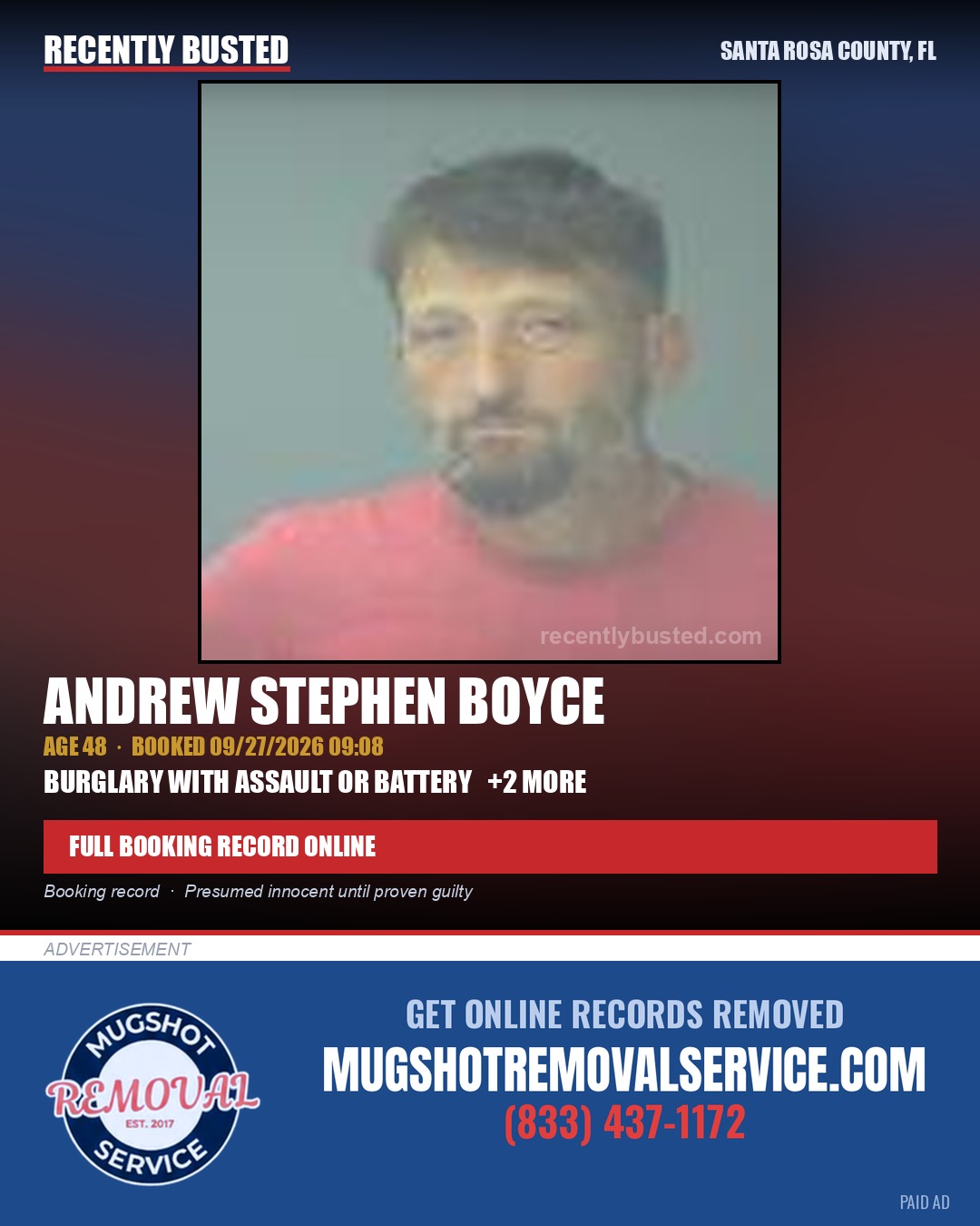 Andrew Stephen Boyce — arrest record card, Santa Rosa County, Florida