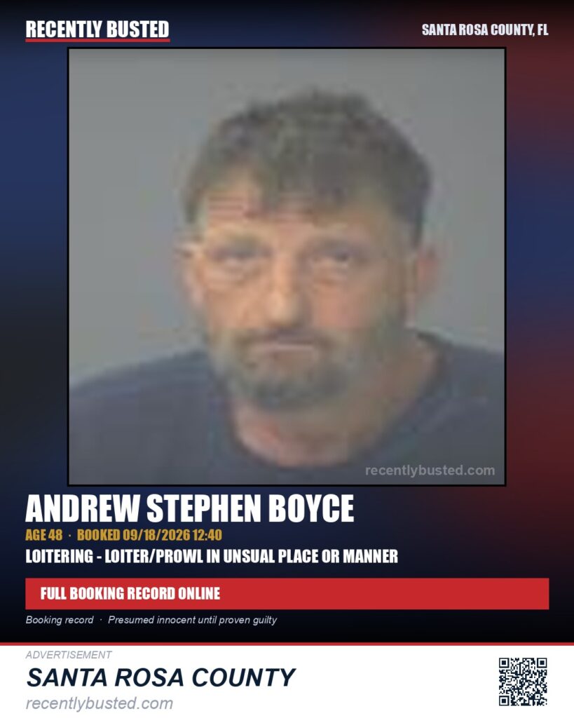 Andrew Stephen Boyce — arrest record card, Santa Rosa County, Florida