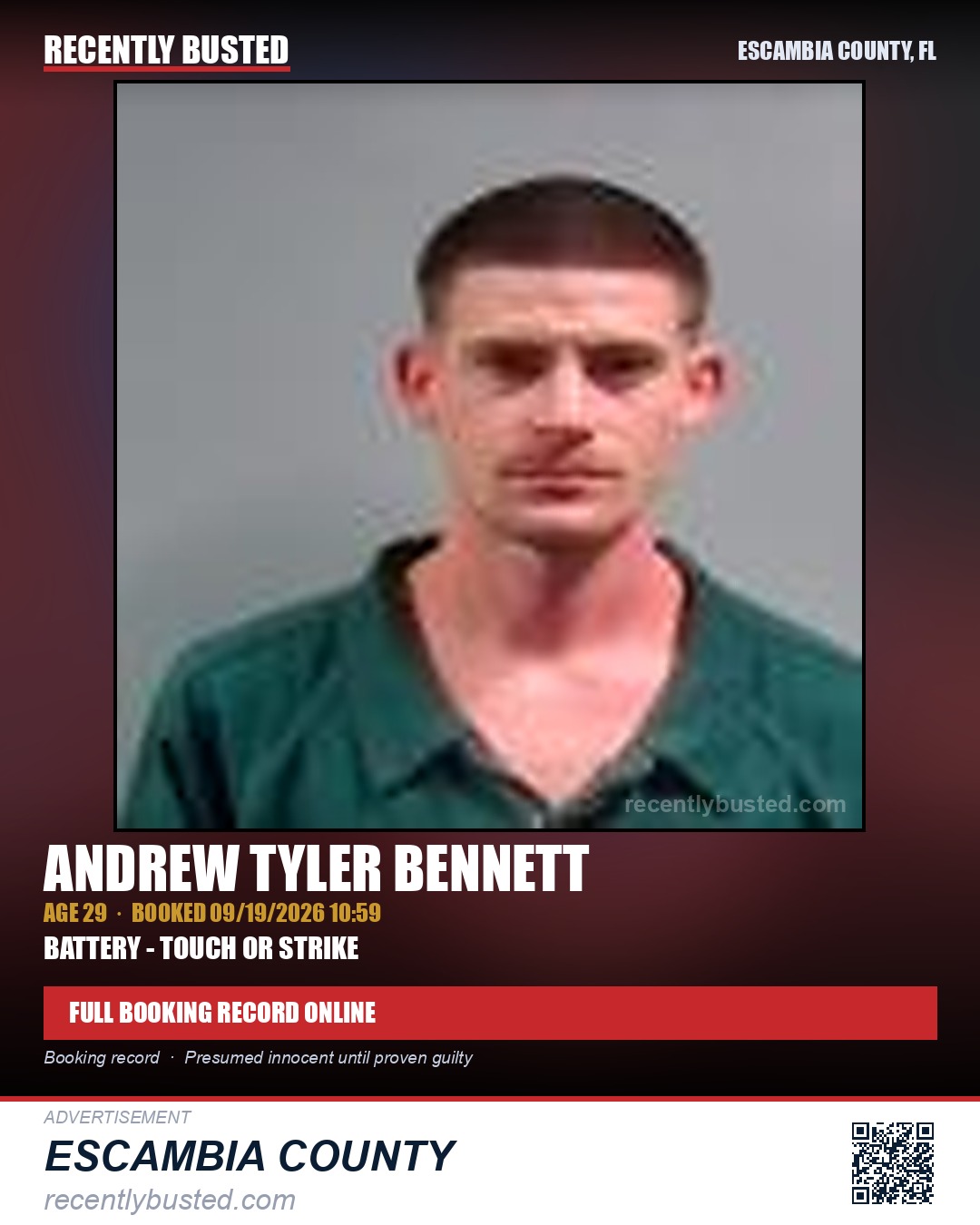 Andrew Tyler Bennett — arrest record card, Escambia County, Florida