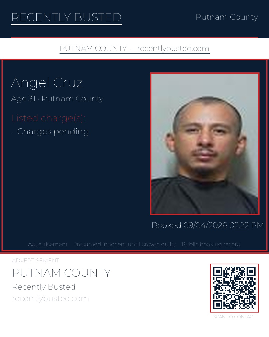 Angel Cruz — arrest record card, Putnam County, Florida