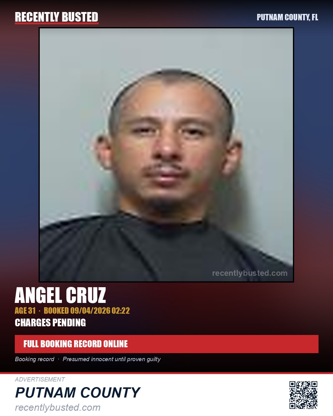 Angel Cruz — arrest record card, Putnam County, Florida