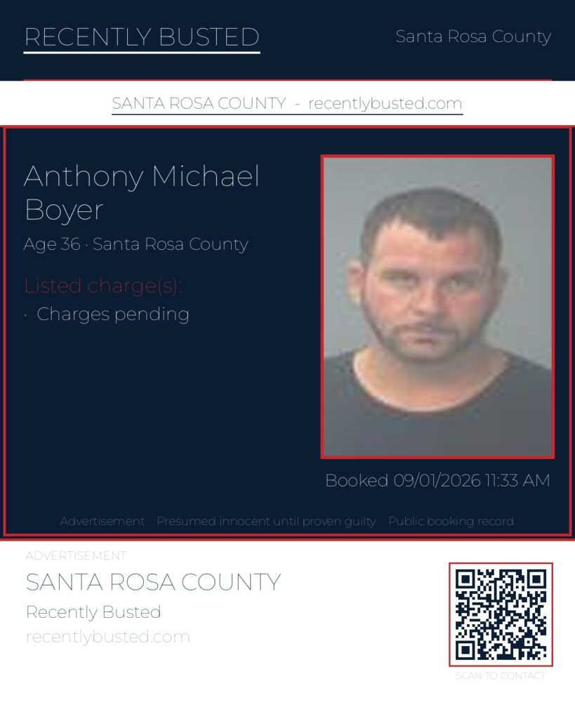 Anthony Michael Boyer — arrest record card, Santa Rosa County, Florida