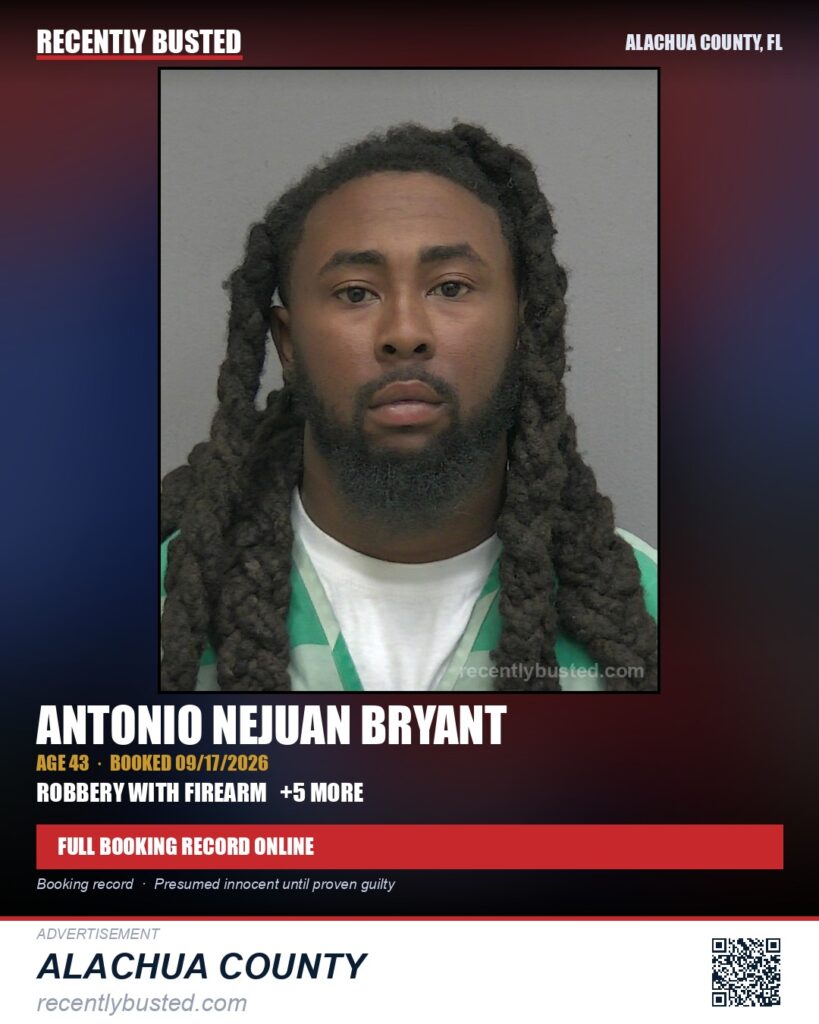 Antonio Nejuan Bryant — arrest record card, Alachua County, Florida