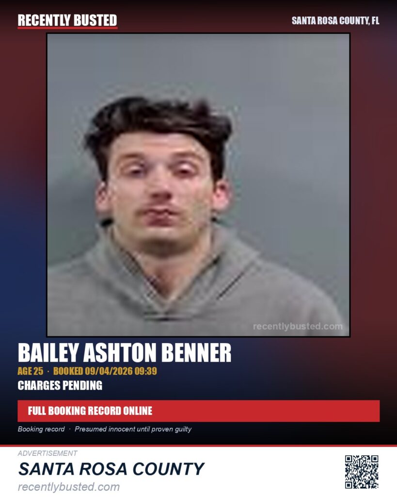 Bailey Ashton Benner — arrest record card, Santa Rosa County, Florida