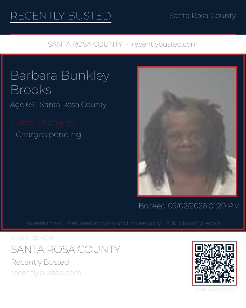 Barbara Bunkley Brooks — arrest record card, Santa Rosa County, Florida