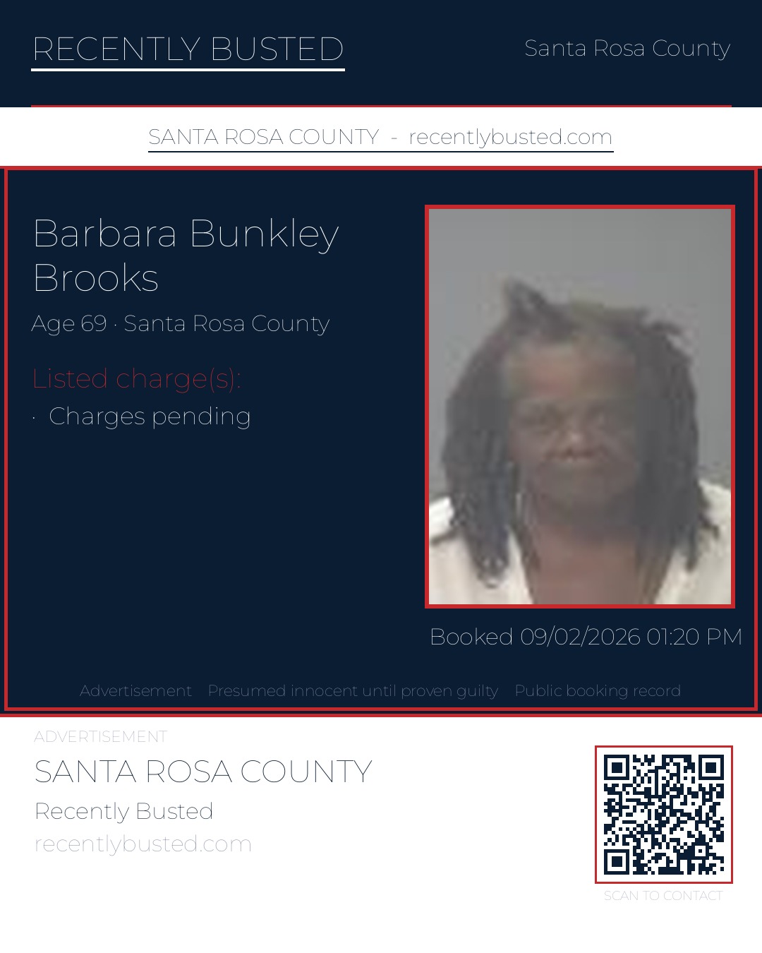 Barbara Bunkley Brooks — arrest record card, Santa Rosa County, Florida