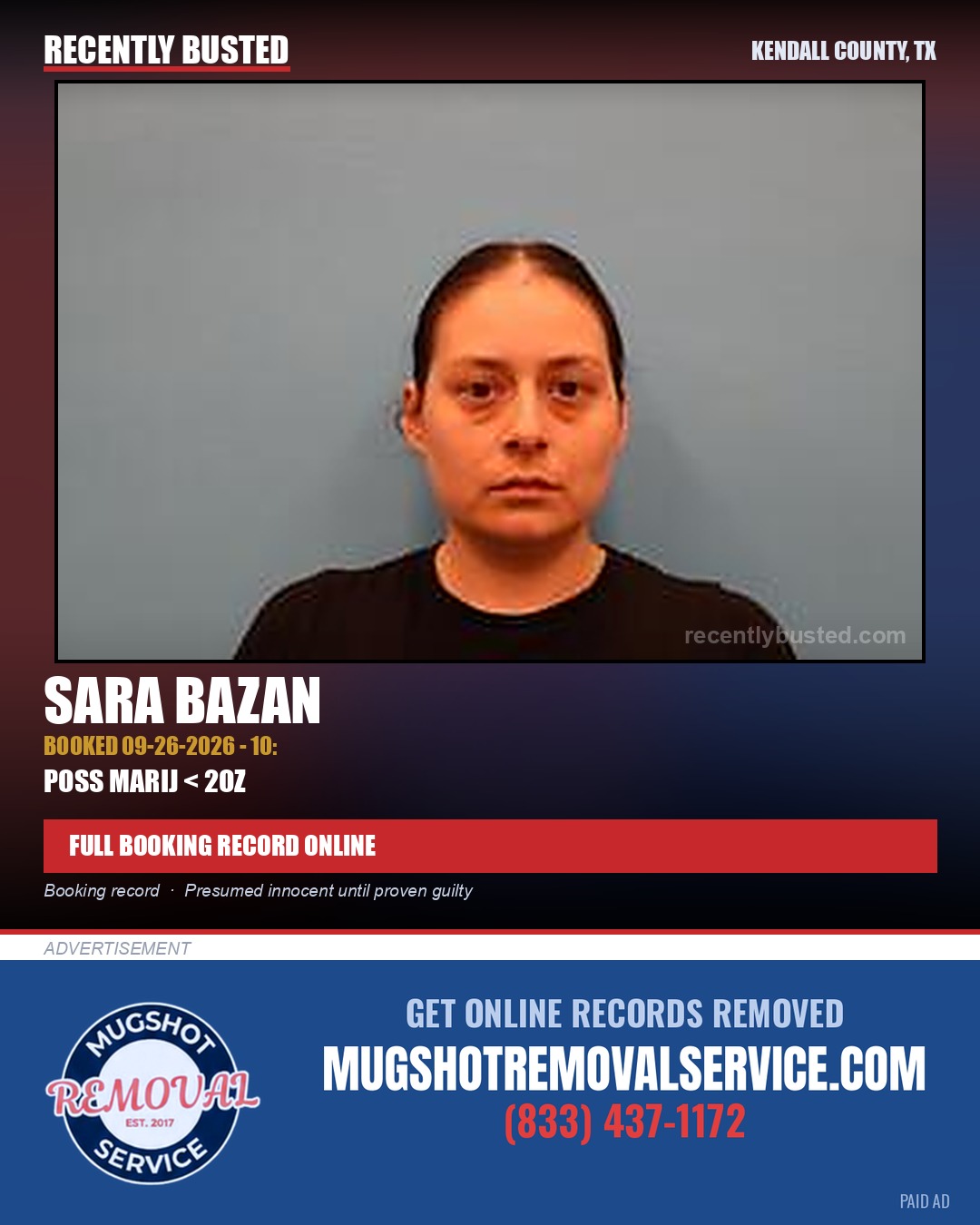 Bazan, Sara — arrest record card, Kendall County, Texas