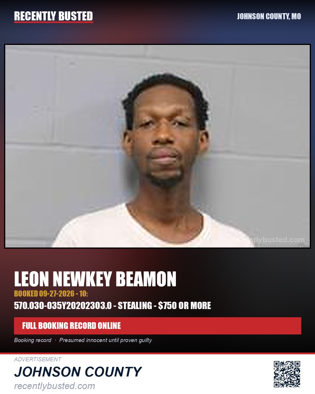 BEAMON, LEON NEWKEY — arrest record card, Johnson County, Missouri