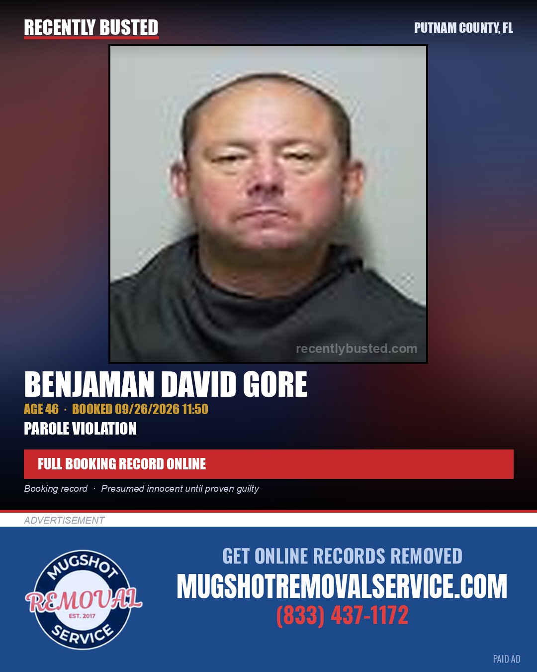 Benjaman David Gore — arrest record card, Putnam County, Florida