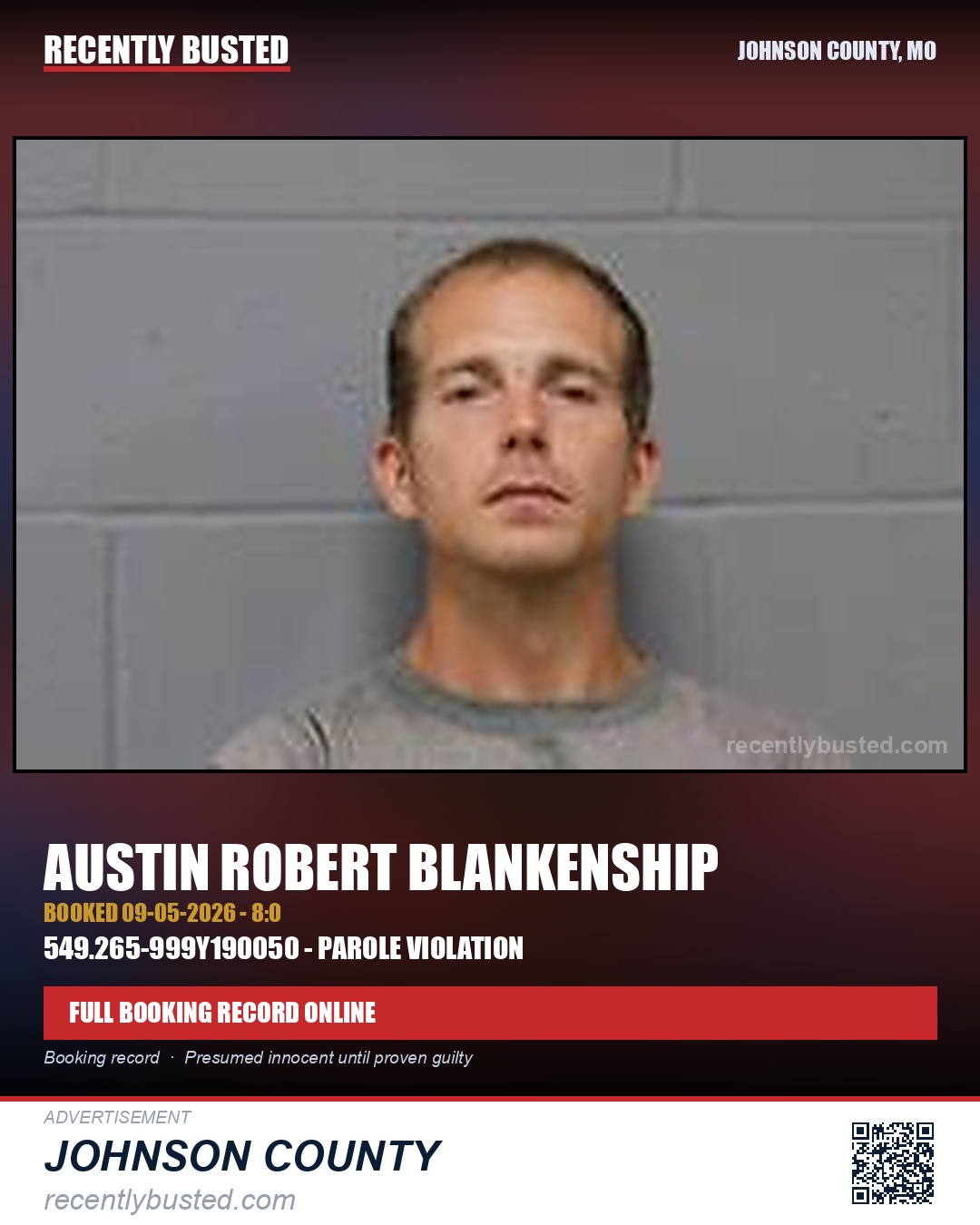 BLANKENSHIP, AUSTIN ROBERT — arrest record card, Johnson County, Missouri