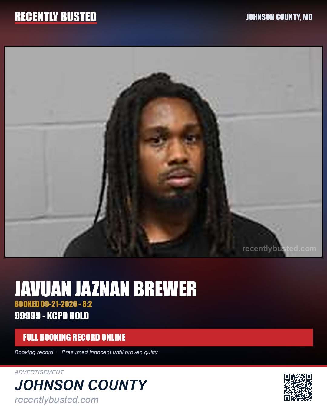 BREWER, JAVUAN JAZNAN — arrest record card, Johnson County, Missouri