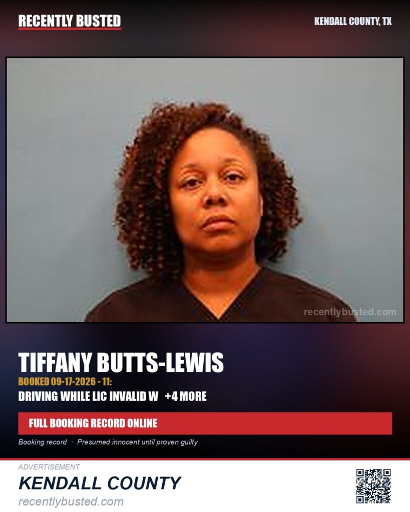 Butts-Lewis, Tiffany — arrest record card, Kendall County, Texas
