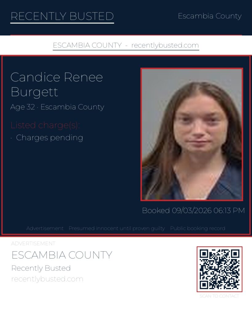 Candice Renee Burgett — arrest record card, Escambia County, Florida