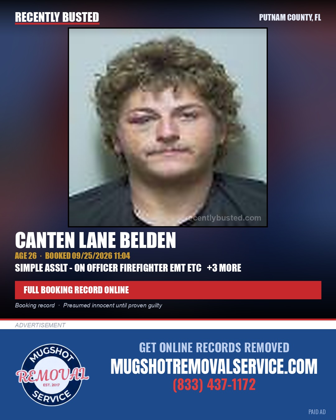 Canten Lane Belden — arrest record card, Putnam County, Florida