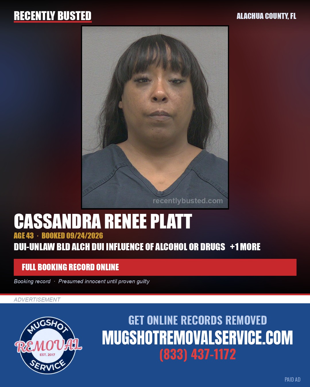 Cassandra Renee Platt — arrest record card, Alachua County, Florida