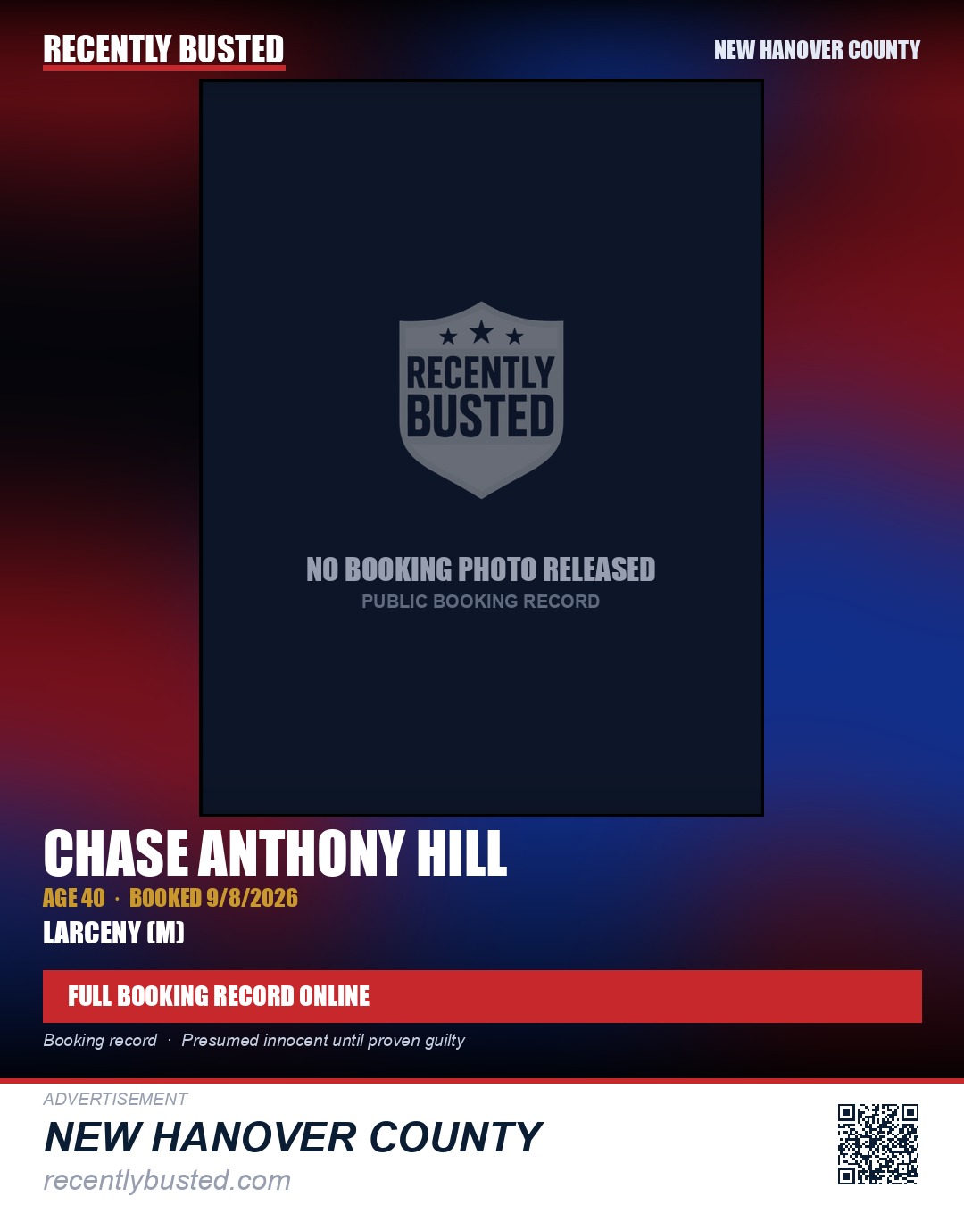 CHASE ANTHONY HILL — arrest record card, New Hanover County