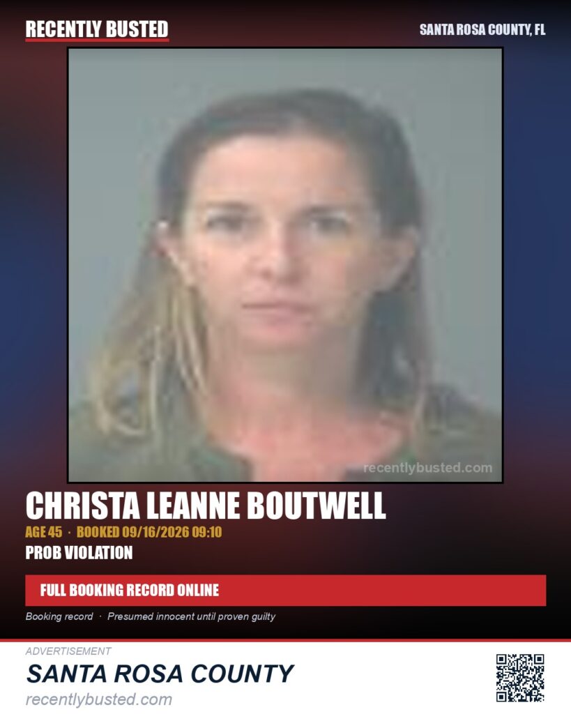 Christa Leanne Boutwell — arrest record card, Santa Rosa County, Florida